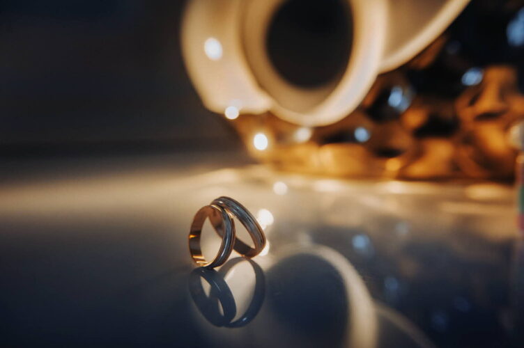 Close-up of two gold wedding rings for a wedding.